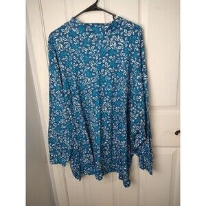 Woman Within 34/36 Long Sleeve Pullover Aqua/ White Leaves Tee Casual Mock Neck